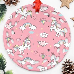 Cute-unicorn-seamless-pattern Round Filigree Ornament (two Sides)