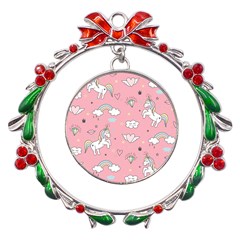 Cute-unicorn-seamless-pattern Metal X mas Wreath Ribbon Ornament by Vaneshart