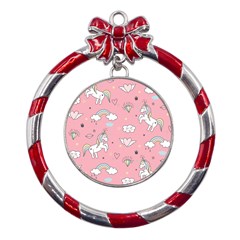 Cute-unicorn-seamless-pattern Metal Red Ribbon Round Ornament by Vaneshart