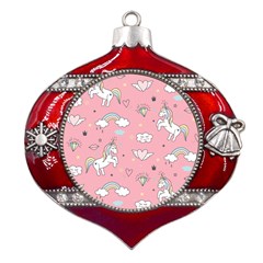 Cute-unicorn-seamless-pattern Metal Snowflake And Bell Red Ornament