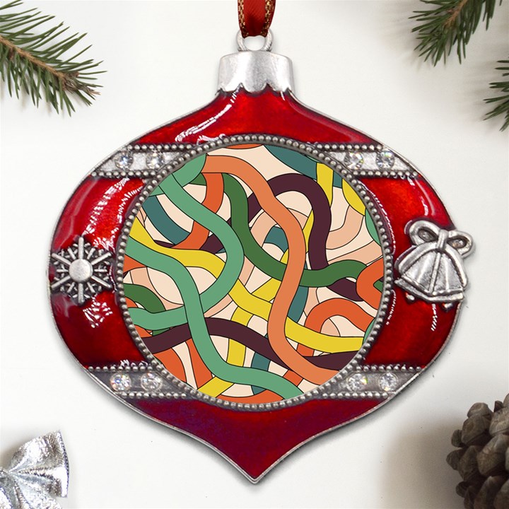 Snake Stripes Intertwined Abstract Metal Snowflake And Bell Red Ornament