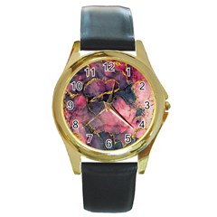 Pink Texture Resin Round Gold Metal Watch