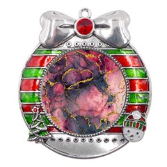 Pink Texture Resin Metal X mas Ribbon With Red Crystal Round Ornament