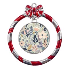 Flower Floral Pastel Metal Red Ribbon Round Ornament by Vaneshop