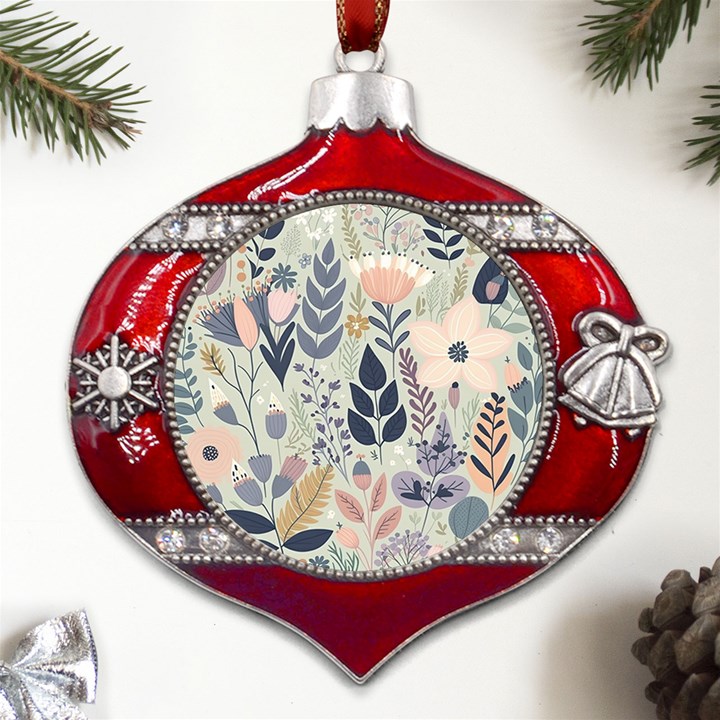 Flower Floral Pastel Metal Snowflake And Bell Red Ornament