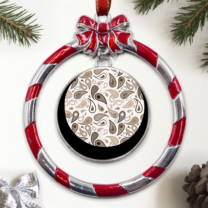 Paisley Pattern Background Graphic Metal Red Ribbon Round Ornament