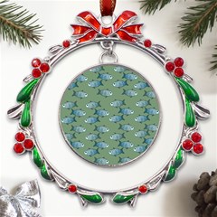 Fishes Pattern Background Theme Metal X mas Wreath Ribbon Ornament