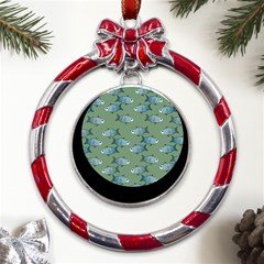 Fishes Pattern Background Theme Metal Red Ribbon Round Ornament