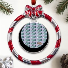 Fishes Pattern Background Theme Art Metal Red Ribbon Round Ornament