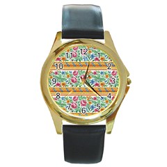 Flower Fabric Design Round Gold Metal Watch by Vaneshop