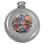 3d Flower Bloom Embossed Pattern Round Hip Flask (5 oz) Front