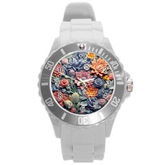 3d Flower Bloom Embossed Pattern Round Plastic Sport Watch (l) by Vaneshop