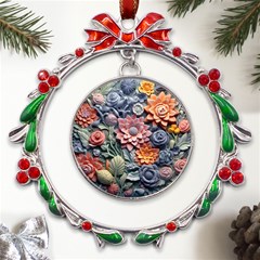 3d Flower Bloom Embossed Pattern Metal X mas Wreath Ribbon Ornament