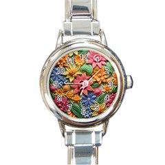 Flower Bloom Embossed Pattern Round Italian Charm Watch