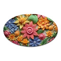 Flower Bloom Embossed Pattern Oval Magnet by Vaneshop