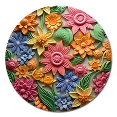 Flower Bloom Embossed Pattern Magnet 5  (round) by Vaneshop