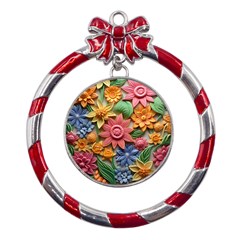 Flower Bloom Embossed Pattern Metal Red Ribbon Round Ornament