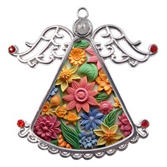 Flower Bloom Embossed Pattern Metal Angel With Crystal Ornament