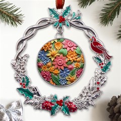 Flower Bloom Embossed Pattern Metal X mas Wreath Holly Leaf Ornament