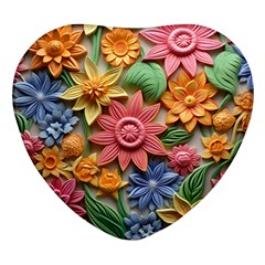 Flower Bloom Embossed Pattern Heart Glass Fridge Magnet (4 Pack)