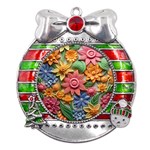 Flower Bloom Embossed Pattern Metal X Mas Ribbon With Red Crystal Round Ornament Front