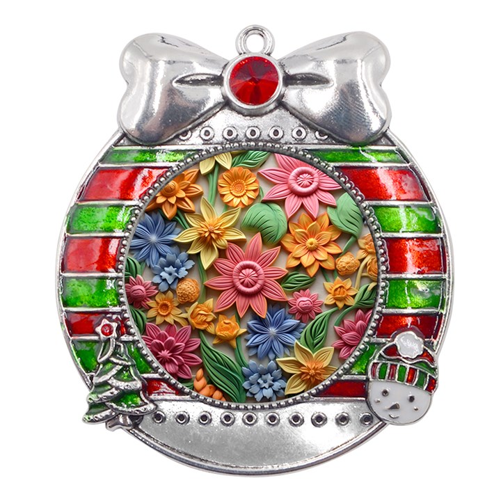 Flower Bloom Embossed Pattern Metal X Mas Ribbon With Red Crystal Round Ornament