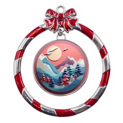 Paper Art Pastel Metal Red Ribbon Round Ornament by Vaneshop