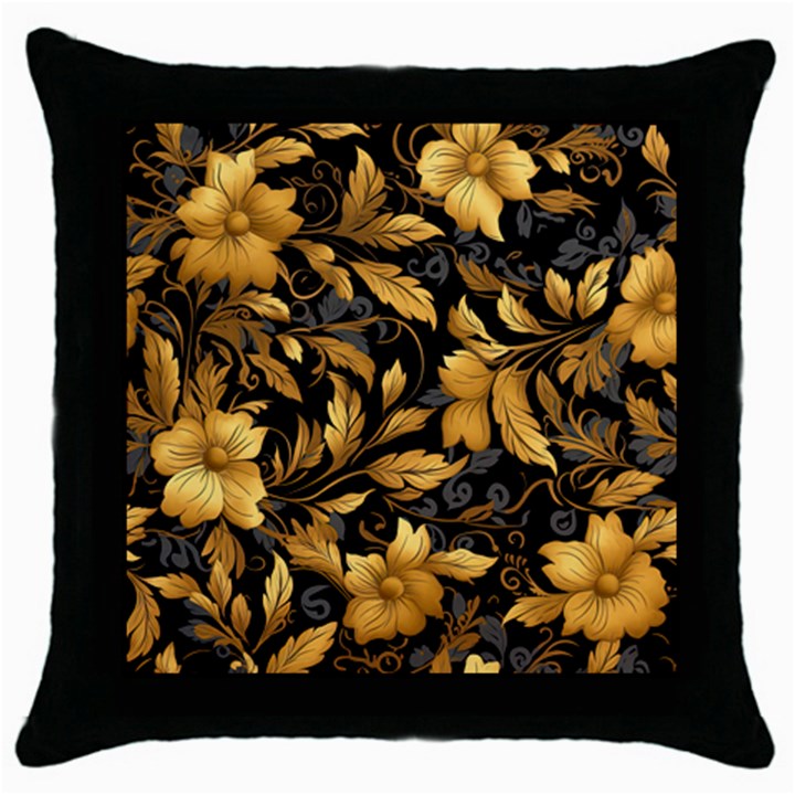 Flower Gold Floral Throw Pillow Case (Black)