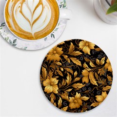 Flower Gold Floral Uv Print Round Tile Coaster by Vaneshop