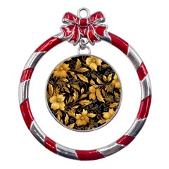 Flower Gold Floral Metal Red Ribbon Round Ornament by Vaneshop