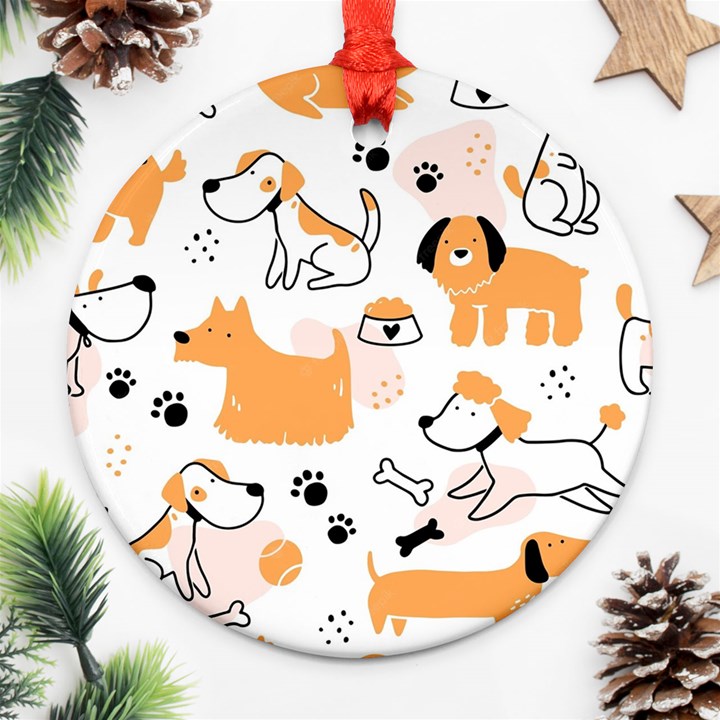 Seamless Pattern Of Cute Dog Puppy Cartoon Funny And Happy Ornament (Round)