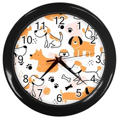 Seamless Pattern Of Cute Dog Puppy Cartoon Funny And Happy Wall Clock (black) by Wav3s