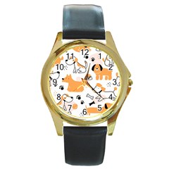 Seamless Pattern Of Cute Dog Puppy Cartoon Funny And Happy Round Gold Metal Watch by Wav3s