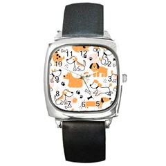 Seamless Pattern Of Cute Dog Puppy Cartoon Funny And Happy Square Metal Watch by Wav3s