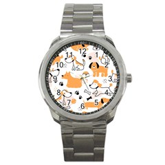 Seamless Pattern Of Cute Dog Puppy Cartoon Funny And Happy Sport Metal Watch by Wav3s