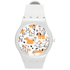 Seamless Pattern Of Cute Dog Puppy Cartoon Funny And Happy Round Plastic Sport Watch (m) by Wav3s