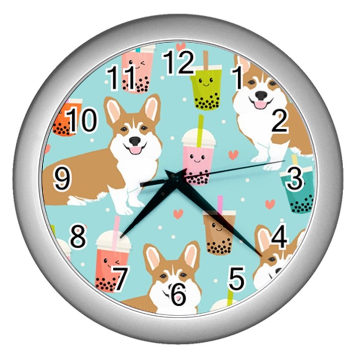 Welsh Corgi Boba Tea Bubble Cute Kawaii Dog Breed Wall Clock (Silver)