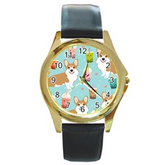 Welsh Corgi Boba Tea Bubble Cute Kawaii Dog Breed Round Gold Metal Watch by Wav3s