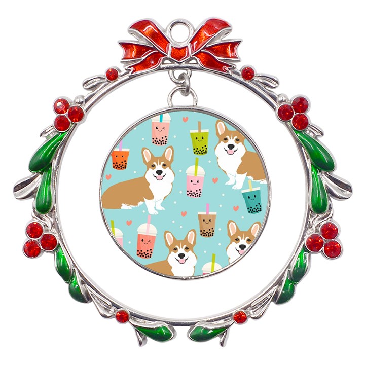 Welsh Corgi Boba Tea Bubble Cute Kawaii Dog Breed Metal X mas Wreath Ribbon Ornament