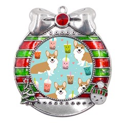 Welsh Corgi Boba Tea Bubble Cute Kawaii Dog Breed Metal X mas Ribbon With Red Crystal Round Ornament by Wav3s