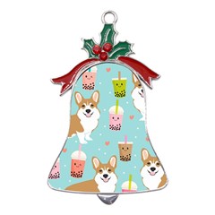 Welsh Corgi Boba Tea Bubble Cute Kawaii Dog Breed Metal Holly Leaf Bell Ornament by Wav3s