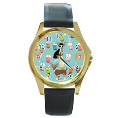 Chihuahua Bubble Kawaii Boba Tea Cute Dog Round Gold Metal Watch by Wav3s