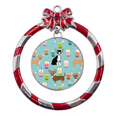 Chihuahua Bubble Kawaii Boba Tea Cute Dog Metal Red Ribbon Round Ornament by Wav3s