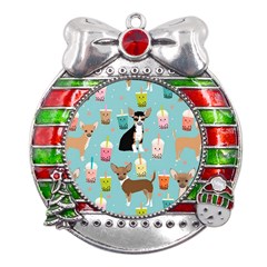 Chihuahua Bubble Kawaii Boba Tea Cute Dog Metal X mas Ribbon With Red Crystal Round Ornament by Wav3s