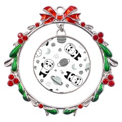 Panda Floating In Space And Star Metal X mas Wreath Ribbon Ornament by Wav3s