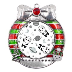 Panda Floating In Space And Star Metal X mas Ribbon With Red Crystal Round Ornament by Wav3s