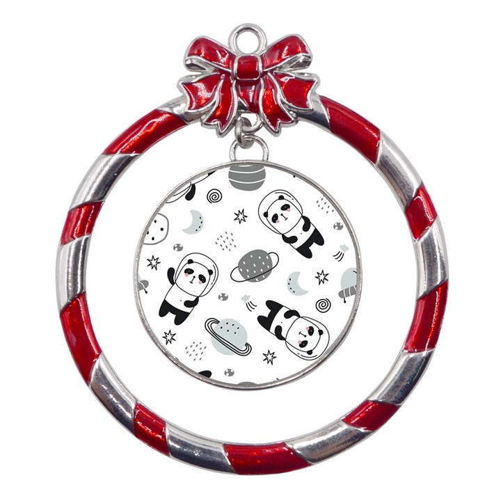 Panda Floating In Space And Star Metal Red Ribbon Round Ornament