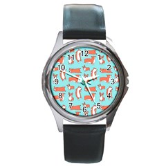 Corgis On Teal Round Metal Watch by Wav3s