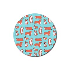 Corgis On Teal Rubber Coaster (round)