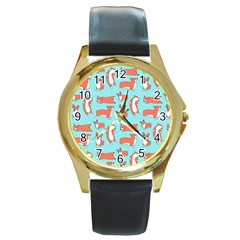 Corgis On Teal Round Gold Metal Watch by Wav3s